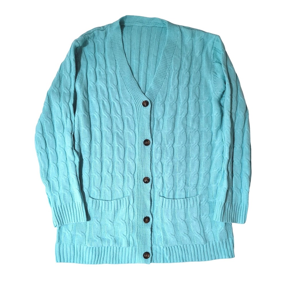 Cable Knit Cardigan Sweater Aqua Blue Pockets‎ Grannycore Grandpa 1X Buttons